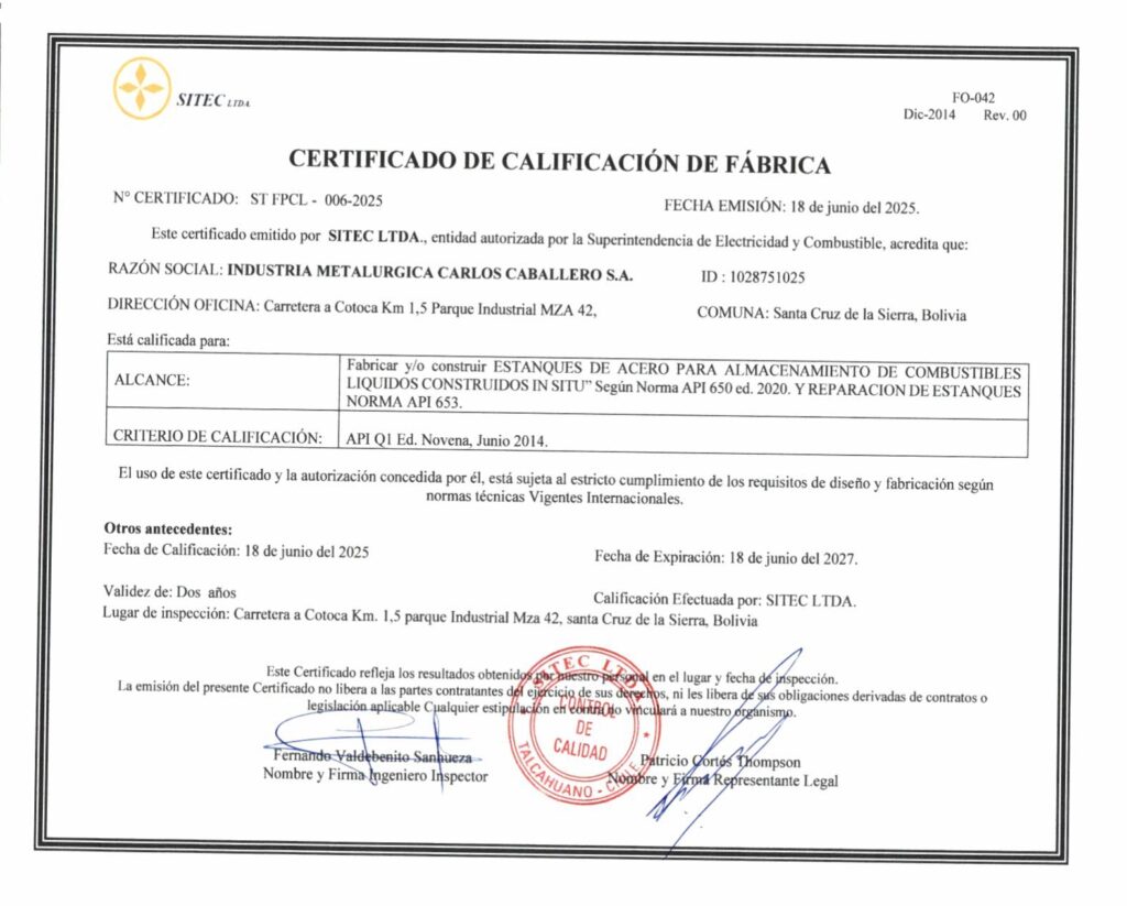 CERTIFICADO SEC - CONSTRUCCIÓN Y REPARACIÓN DE ESTANQUES API 650 CHILE
